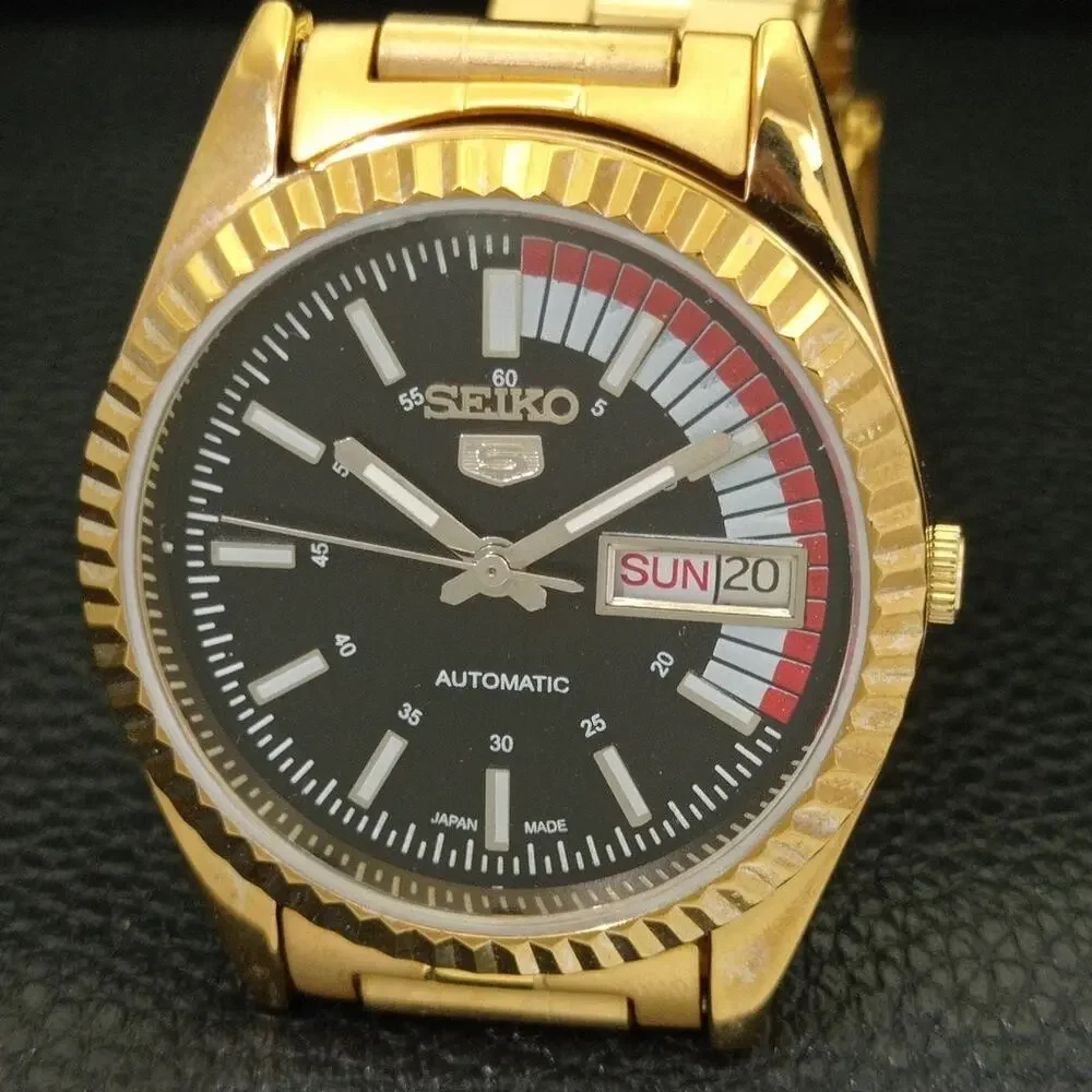 Vintage 1989 Seiko Automatic Mens Gold Watch W/daydate & Red accents